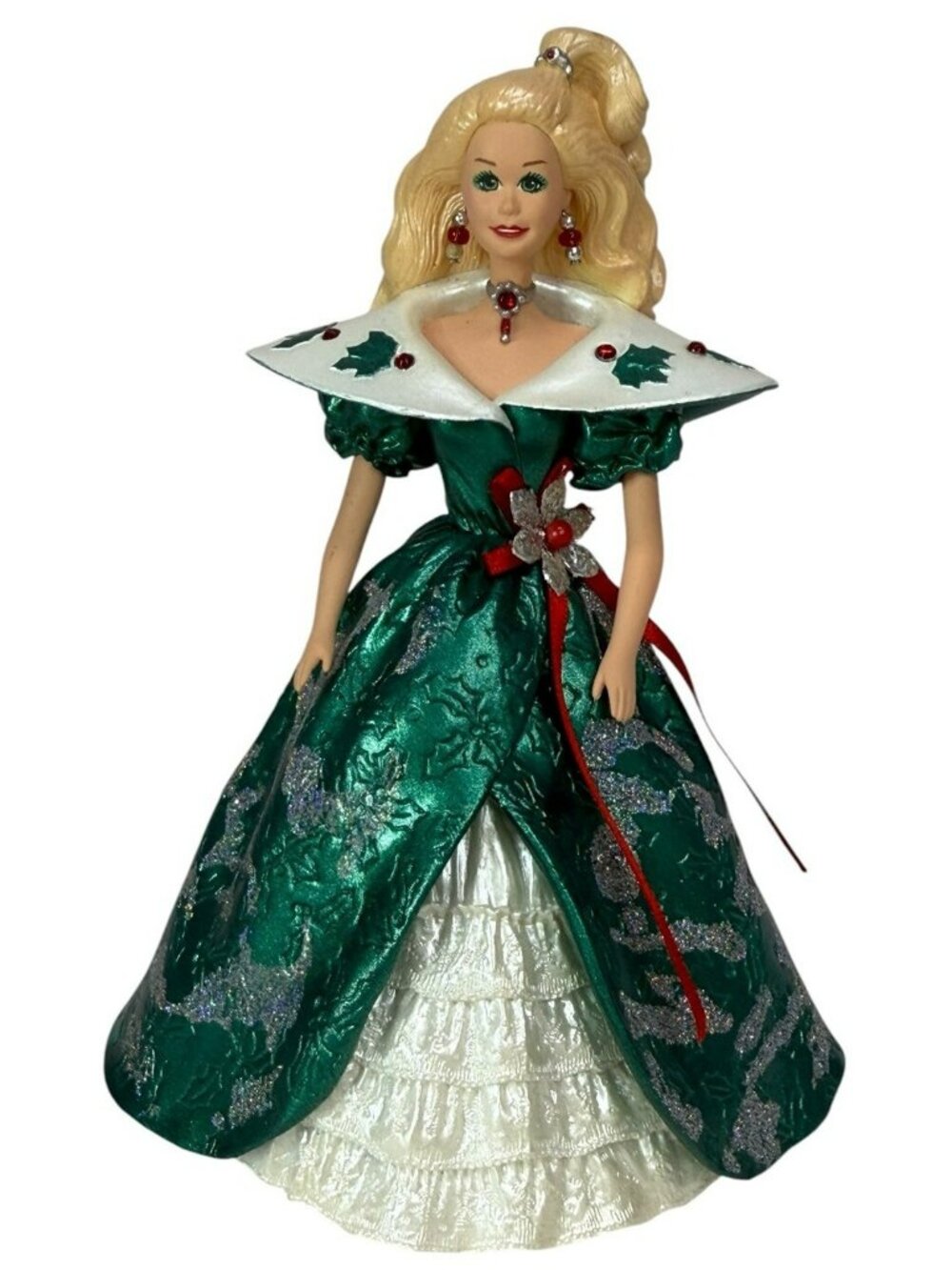 Vintage 1995 Happy Holidays Barbie Doll 6.5"Figurine Green Dress Blonde Hallmark